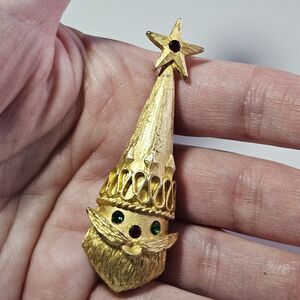 Christmas Santa Face Red Green Rhinestones MYLU Vintage Gold Brooch
